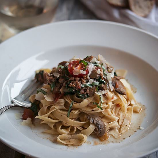 Sausage, Spinach and Wine Fettuccine - Recipe photo by Cooks With Cocktails