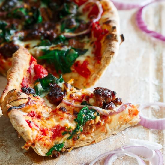 Chorizo Spinach Skillet Pizza - Recipe photo by Running to the Kitchen