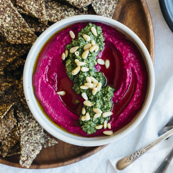 Roasted Beet Hummus - Recipe photo by Downshiftology