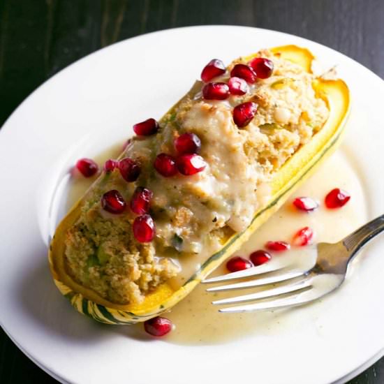Cornbread Dressing Stuffed Squash - Recipe photo by passtheplants
