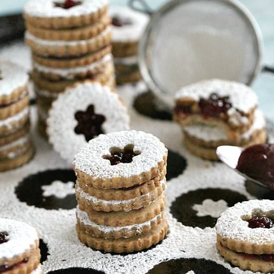 Walnut Raspberry Linzer Cookies - Recipe photo by peasandpeonies