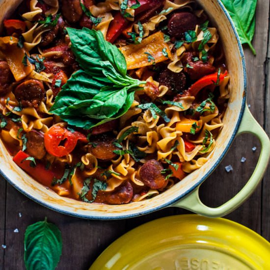 One Pot Chorizo Noodles - Recipe photo by saltandlavender