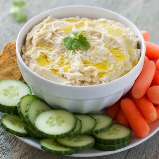 Garlic Parmesan White Bean Hummus - Recipe photo by busybakerblog