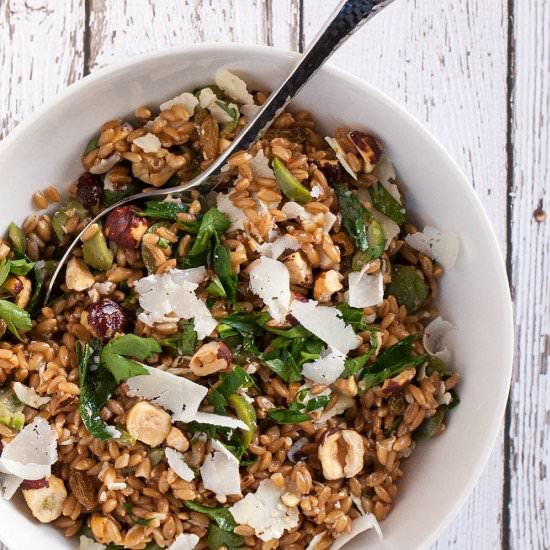 Farro Salad Olives Hazelnuts Raisin - Recipe photo by PinchandSwirl