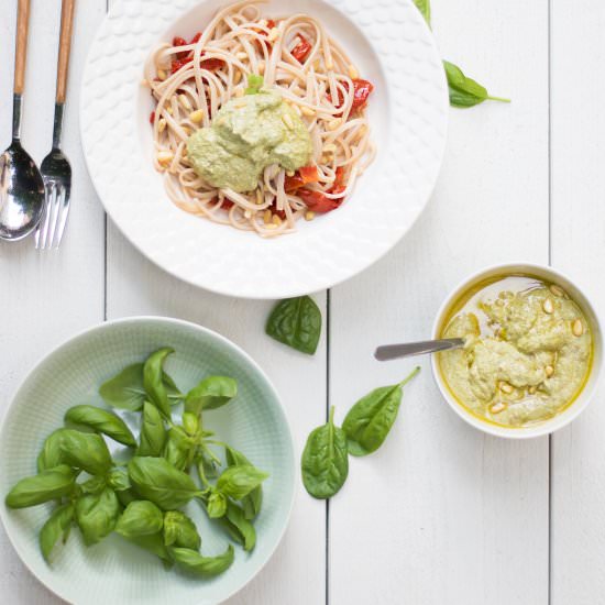 Nut Free Vegan Pesto - Recipe photo by happyhealthblog