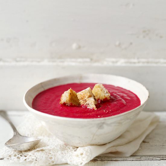 Beet Orange Soup with Garlic Croutons - Recipe photo by fogwood and fig