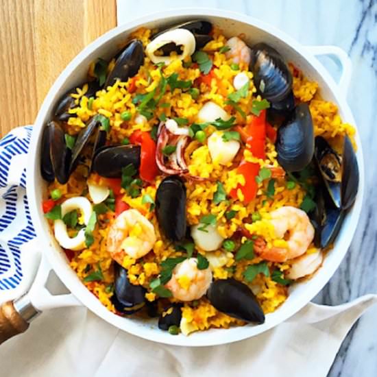 Easy Seafood Paella - Recipe photo by Baked Ambrosia