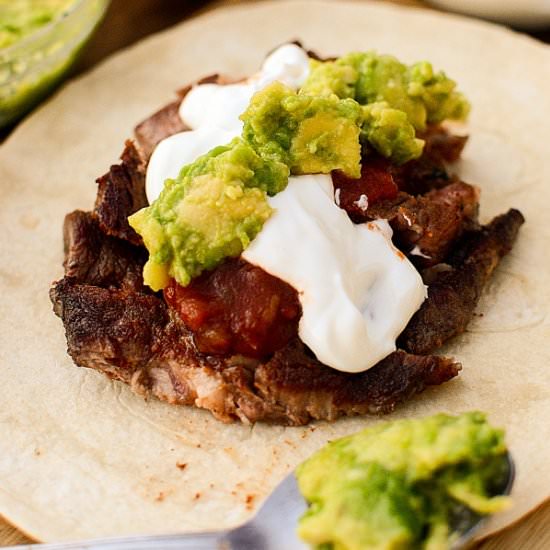Strip Steak Tacos with Guacamole - Recipe photo by jugglingactmama