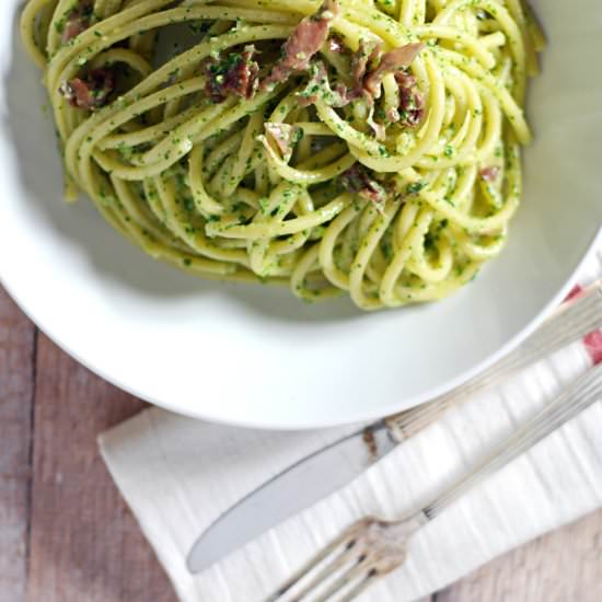 Creamy Kale Pesto with Bucatini - Recipe photo by thecharmingdetroiter