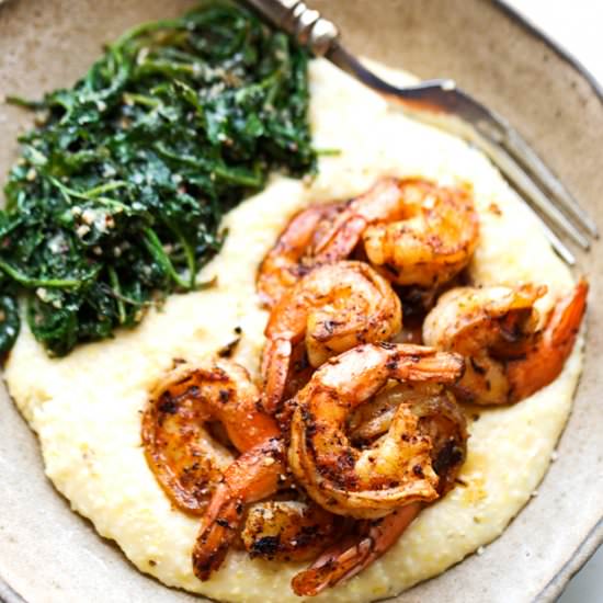 Cajun Shrimp and Grits with Garlic Kale - Recipe photo by littlespicejar