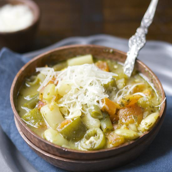 Creamy Pesto Veggie Orzo Soup - Recipe photo by maebells