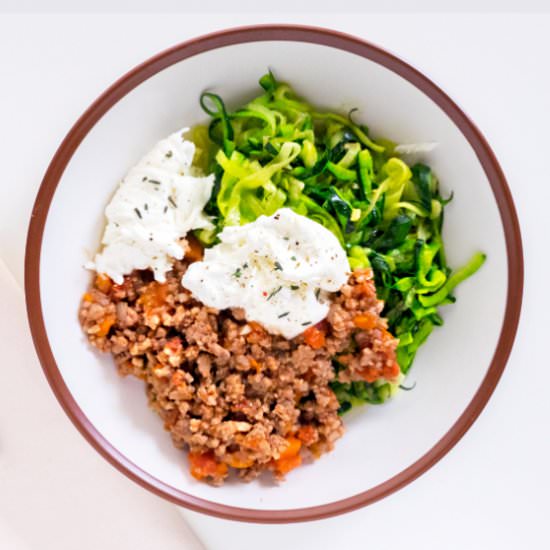 Zucchini Pasta Bolognese w/ Burrata - Recipe photo by ahungryblog