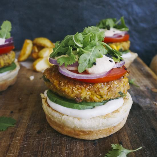 Corn and Chickpea Burgers - Recipe photo by anettv