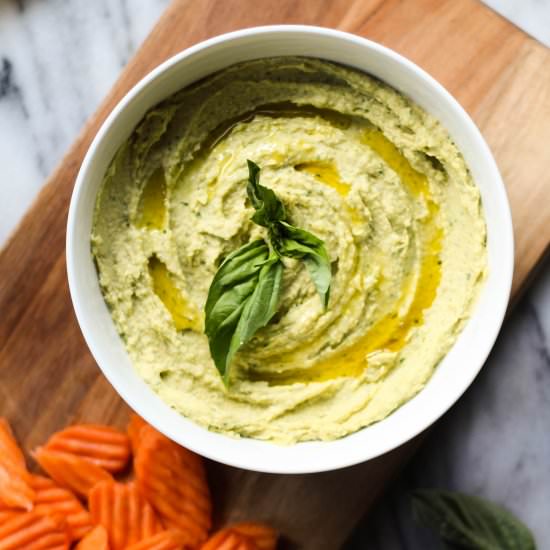 Basil Pesto Hummus - Recipe photo by TheBlissfulBalance
