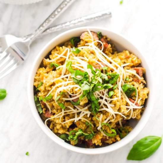 Pesto Sausage & Rice Skillet - Recipe photo by wendypolisi