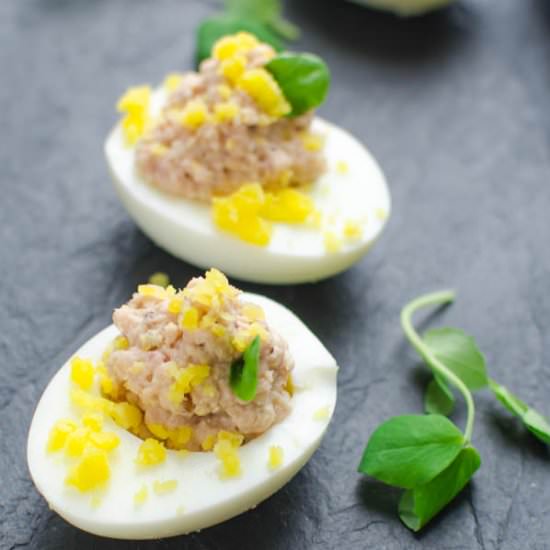 Deviled Ham Stuffed Eggs - Recipe photo by garlic and zest