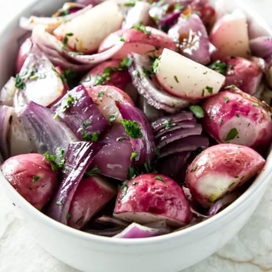 Roasted Radishes with Red Onions - Recipe photo by Girl Gone Gourmet