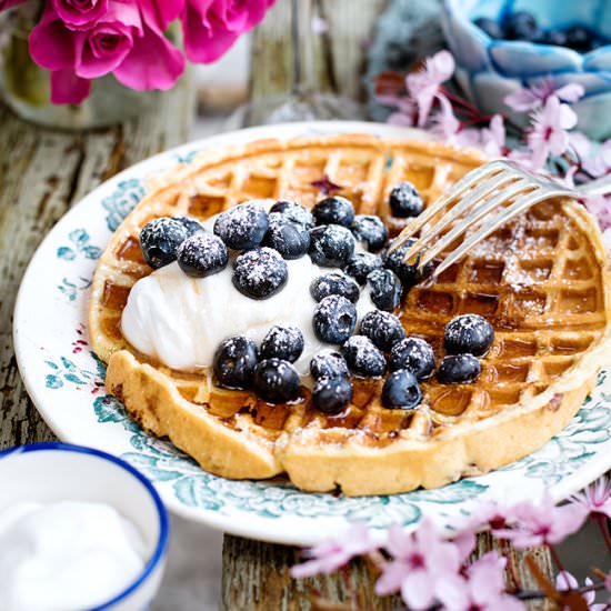 Blueberry buttermilk waffles - Recipe photo by supergoldenbakes
