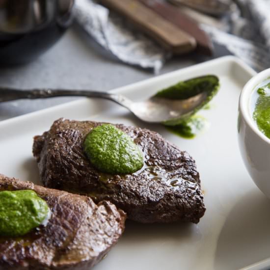 Steaks & Spinach Horseradish Pesto - Recipe photo by FakeFoodFree