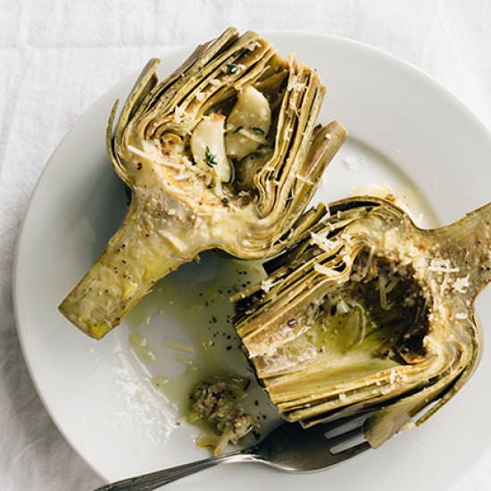 Roasted Artichokes with Garlic - Recipe photo by thealmondeater