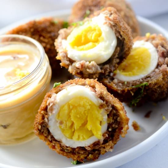 Scotch Eggs with Spicy Maple Aoili - Recipe photo by recipe-diaries