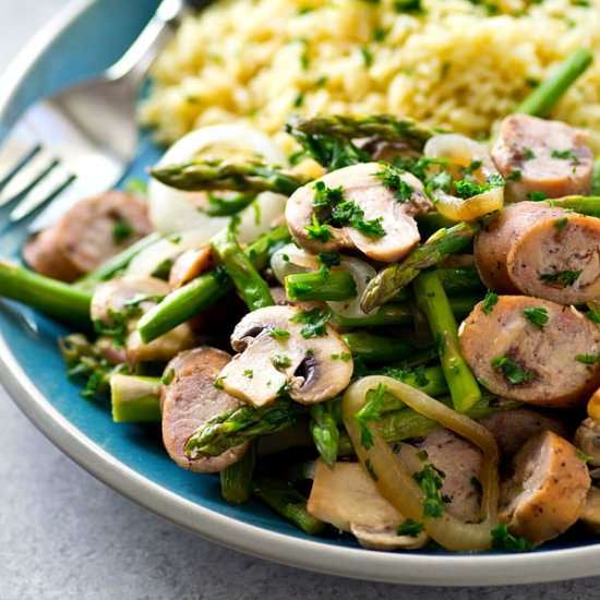 Balsamic Sausage + Asparagus - Recipe photo by WholeAndHeavenlyOven