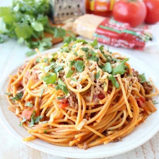 One Pot Buffalo Taco Spaghetti - Recipe photo by Whitney Bond