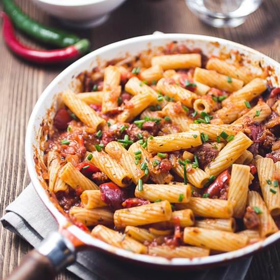 Penne all'arrabbiata with chorizo - Recipe photo by The Girl Loves To Eat