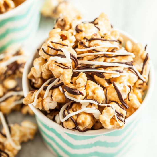 Zebra Caramel Popcorn - Recipe photo by chewoutloud