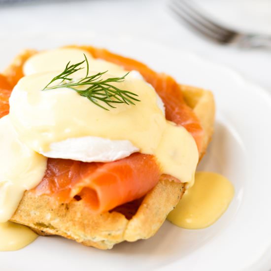 Salmon Eggs Benedict w/ Dill Waffles - Recipe photo by stripedspatula