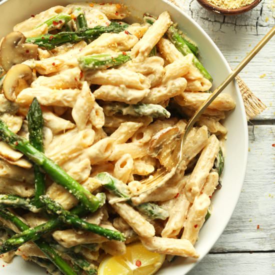 Creamy Mushroom Asparagus Pasta - Recipe photo by minimalist baker