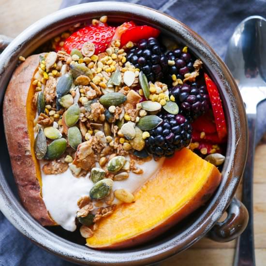Sweet Potato & Berries Brekky Bowl - Recipe photo by Nourish Everyday
