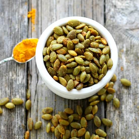 Turmeric Roasted Pumpkin Seeds - Recipe photo by gooddinnermom