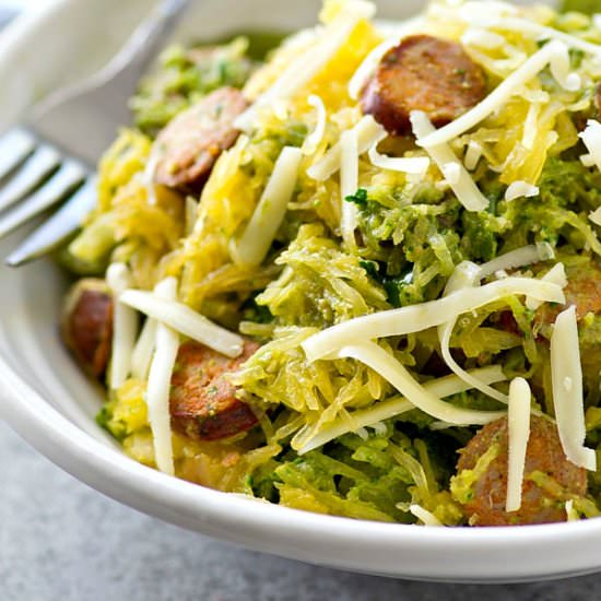 Pesto Sausage Spaghetti Squash - Recipe photo by WholeAndHeavenlyOven