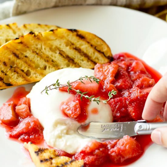Burrata with Strawberry Rhubarb Jam - Recipe photo by TheGourmetGourmand