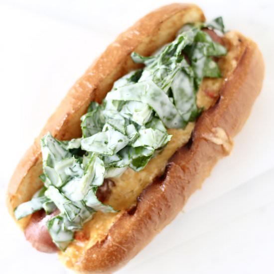 Pimento Cheese and Collard Hot Dog - Recipe photo by perpetuallyhungry
