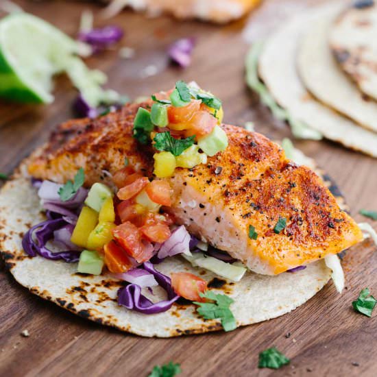 Maple Chipotle Salmon Tacos - Recipe photo by Jessica Gavin
