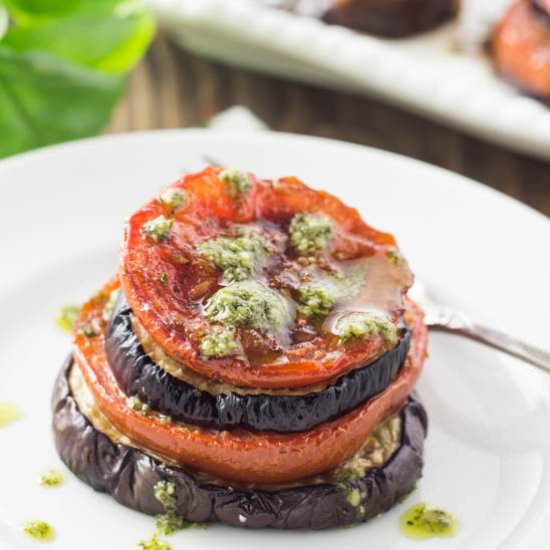 Roasted Eggplant and Tomato Stacks - Recipe photo by cupcakesandhammers