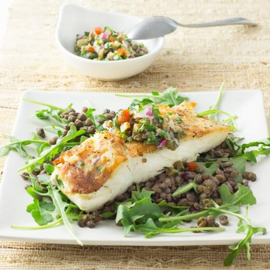Halibut with Salsa Verde & Lentils - Recipe photo by jillshough