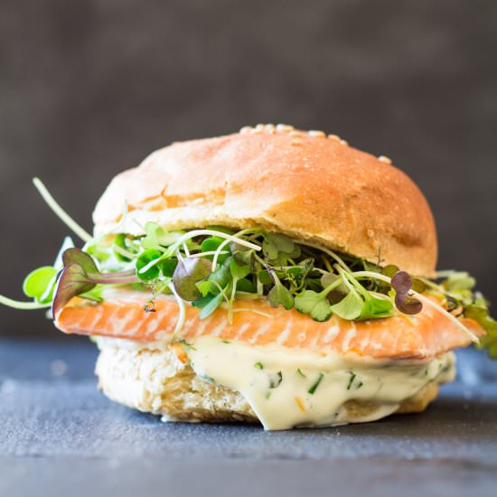 Salmon Burger with Garlic Herb Mayo - Recipe photo by GreenHealthyCooking