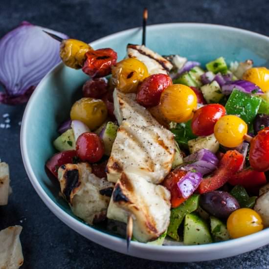 Greek Salad with Grilled Halloumi - Recipe photo by saltandlavender