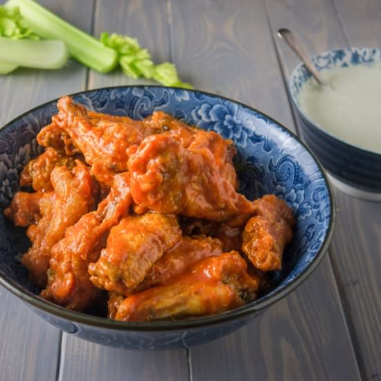Buffalo Wings with Blue Cheese Dip - Recipe photo by Just Add Hot Sauce