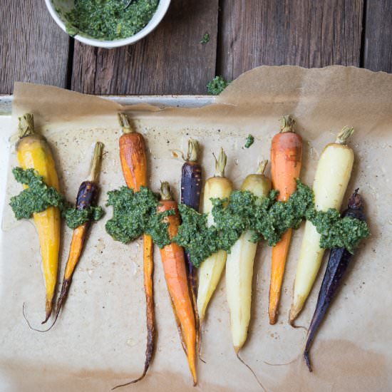 Roasted Carrots & Carrot Top Pesto - Recipe photo by thrivingonpaleo