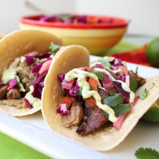 Carnitas Tacos with Poblano Cream - Recipe photo by peanutbutterandfitness