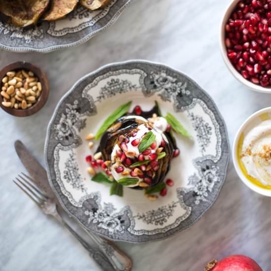 Eggplant Yogurt & Pomegranate Stack - Recipe photo by mattersofthebelly