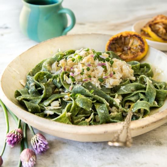 Stinging Nettle Tagliatelle w/ Crab - Recipe photo by wild greens