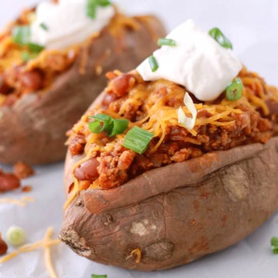 Turkey Chili Stuffed Sweet Potatoes - Recipe photo by foodlovinfamily