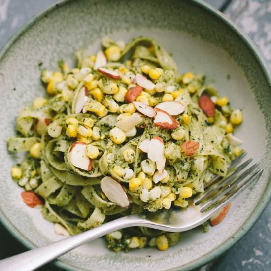 Linguine with Mint Pesto and Corn - Recipe photo by athoughtforfood