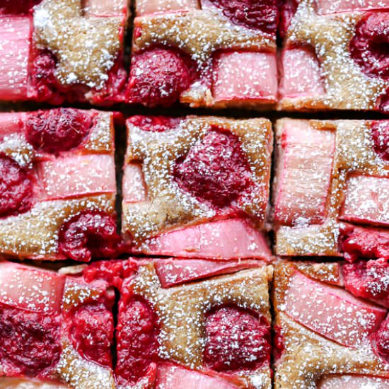 Raspberry Rhubarb Almond Bars - Recipe photo by bakerita