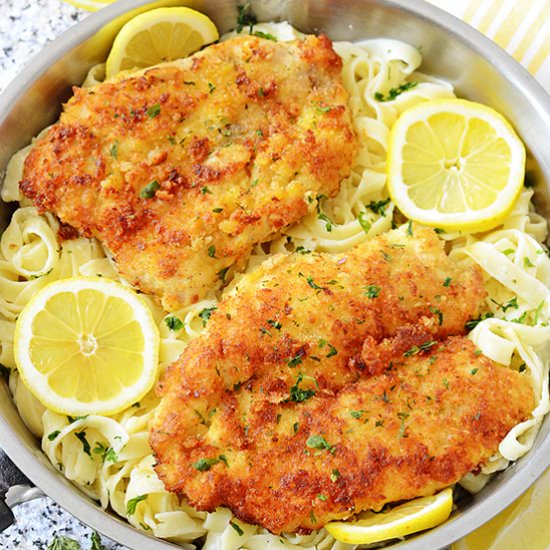 Romano Chicken w/ Lemon Garlic Pasta - Recipe photo by Kitchen Nostalgia